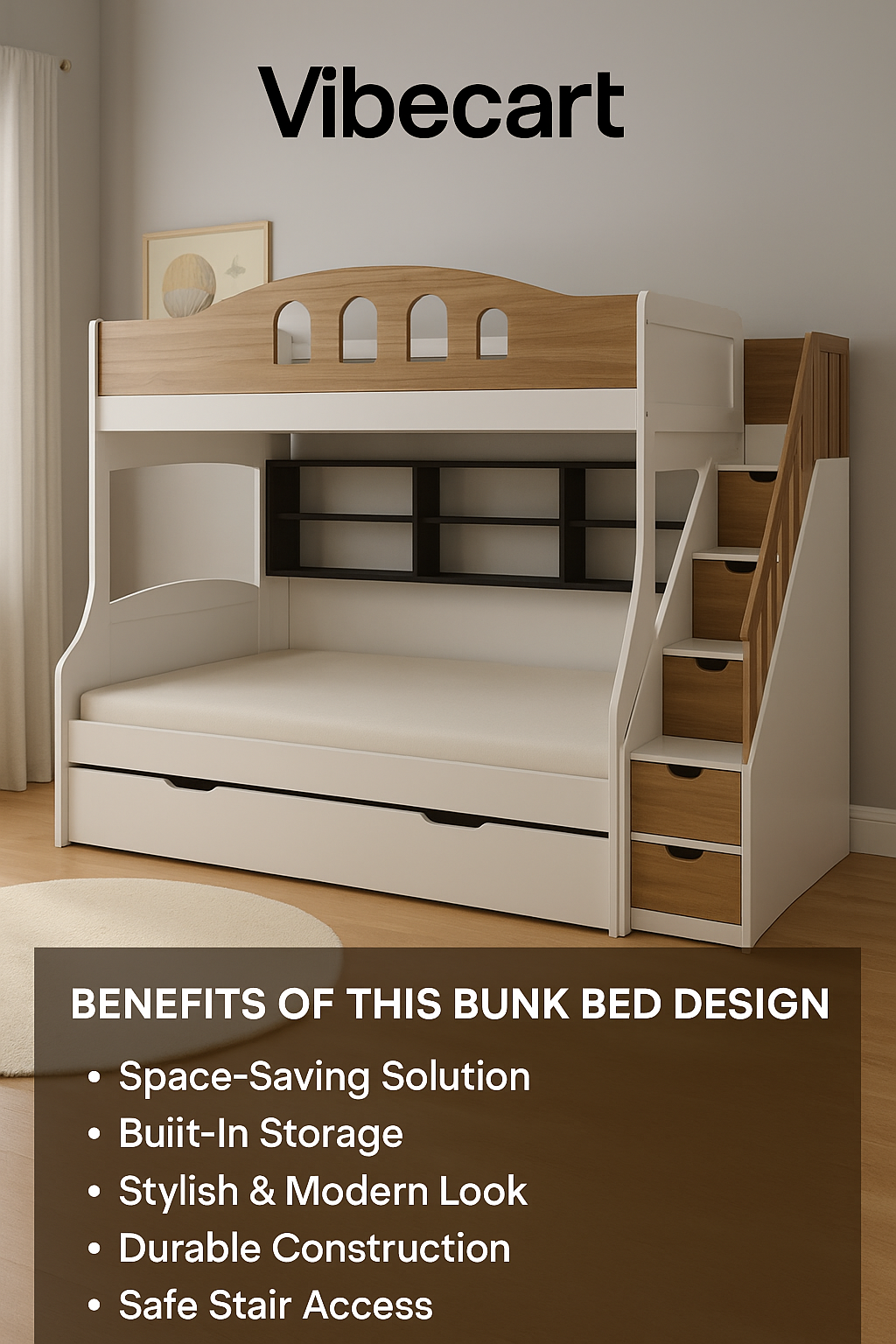 Vibecart Premium Wooden Bunk Bed with Built-In Storage & Stairs – Modern Space-Saving Design"