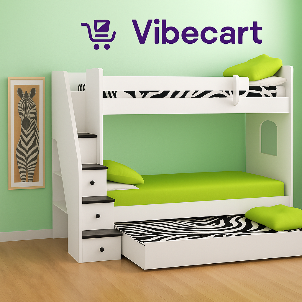 Modern Triple Bunk Bed for Kids – Zebra Theme + Trundle & Stair Drawers