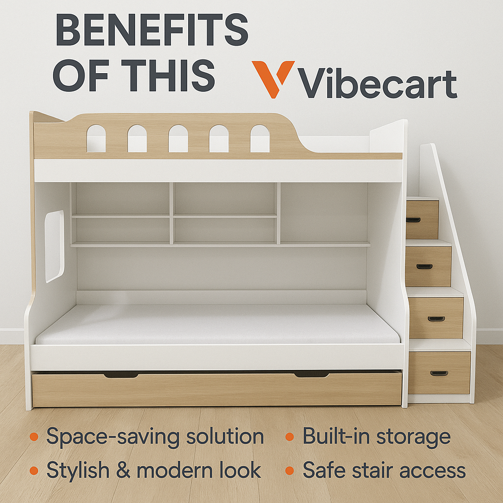 Vibecart Premium Wooden Bunk Bed with Built-In Storage & Stairs – Modern Space-Saving Design"