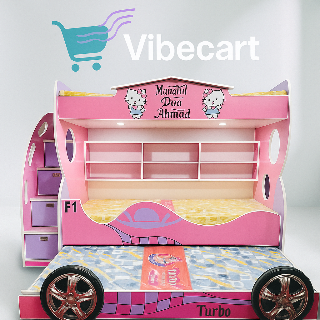 "Hello Kitty Car-Themed Bunk Bed with Storage – Personalized Kids’ Furniture by Vibecart"